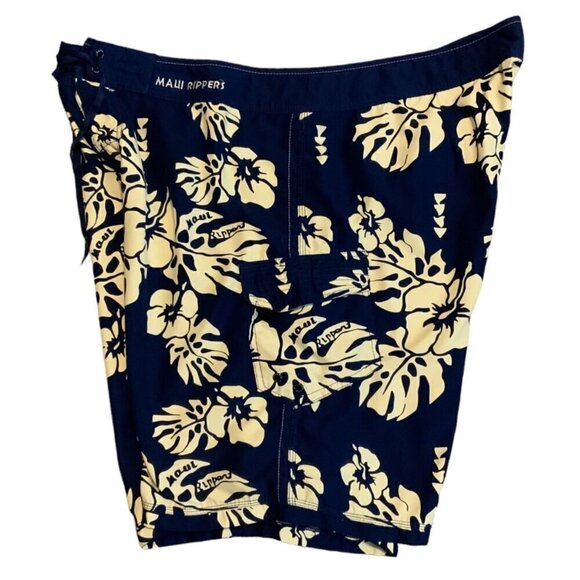 Maui Rippers Hawaiian Floral Board Shorts Mens Size 48 Navy Blue Hibiscus Print - Picture 3 of 8